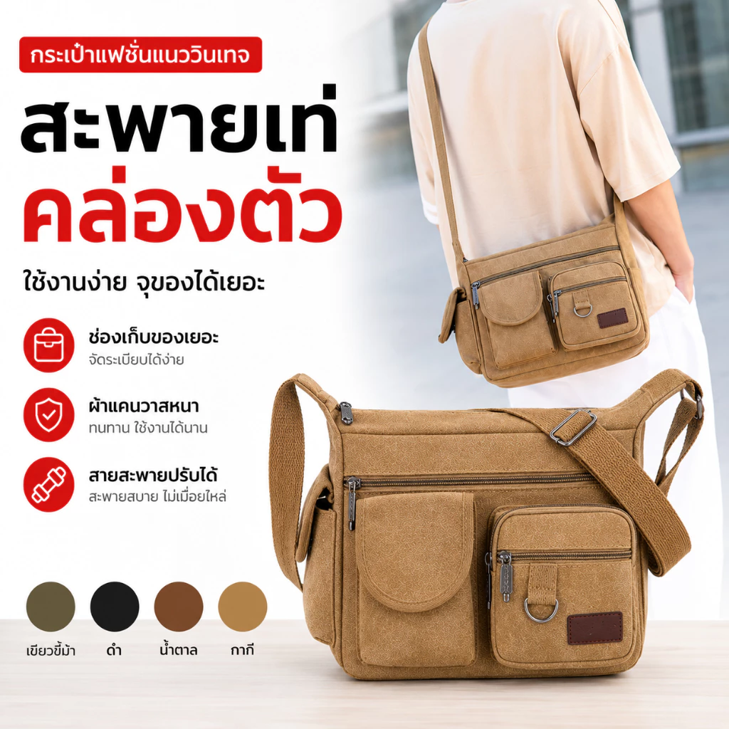 (JXX) กระเป๋าสะพายข้าง ผ้าแคนวาส หญิง ชาย ใหญ่จุของได้เยอะ