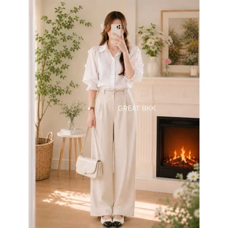 พร้อมส่ง🌷𝕄𝕦𝕒𝕪𝕝𝕪 𝕊𝕙𝕠𝕡🌷 เสื้อขาวมือ1 เสื้อเชิ้ตคอปก แต่งปอมแขนยาวซีทรู ผ้าฝ้ายแต่งระบายน่ารัก