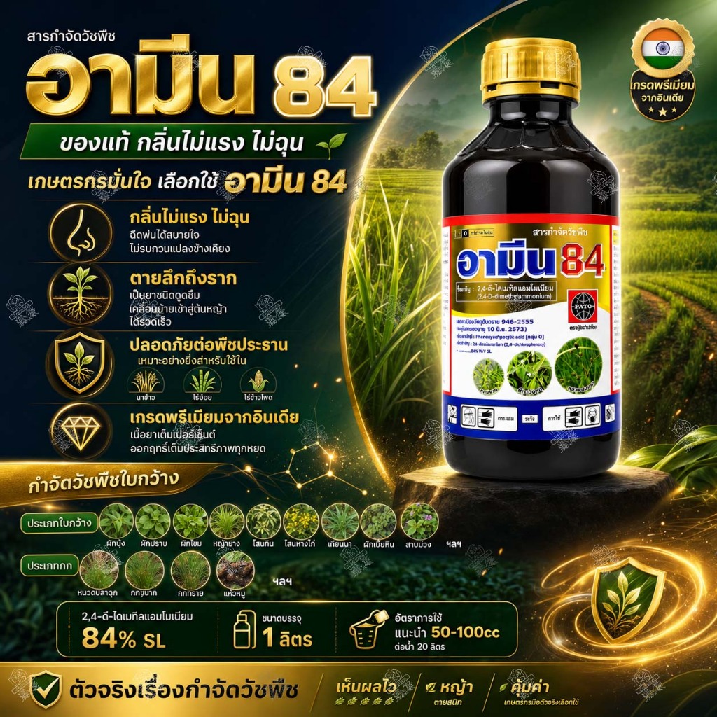 อามีน 84 (1 ลิตร) อินเดีย 2-4ดี ไดเมทิลแอมโมเนีย 2,4ดี ทูโฟดี กำจัดหญ้าใบกว้าง ผักปอดนา แห้วหมู โสน