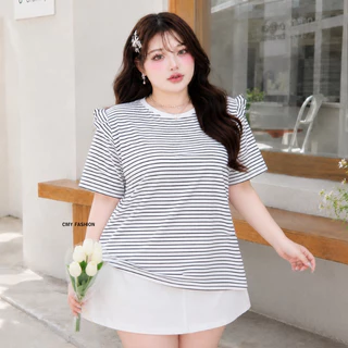 เสื้อยืดลายริ้วแต่งแขนเหมาะสำหรับสาวพลัสไซร์ สีพื้นน่ารัก ผ้านุ่ม ผ้ายืดใส่สบาย #tb8203
