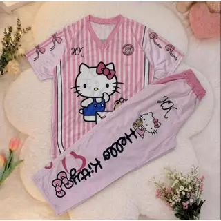 ( Bset70 ) ชุดเซท เสื้อ กก.ขายาว คอวี น้องคิตตี้ 6สี sport ฟรีไซส์