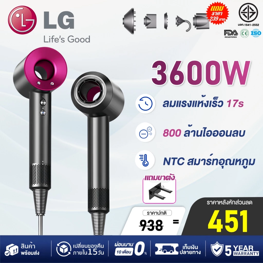 🔥รับประกัน 5 ปี🔥 ไดร์เป่าผม 3600W เงียบเป็นพิเศษ อุณหภูมิ 4 ระดับ คอลลาเจนบำรุงผม เงียบเป็นพิเศษ ไดเป่าผม hair dryer