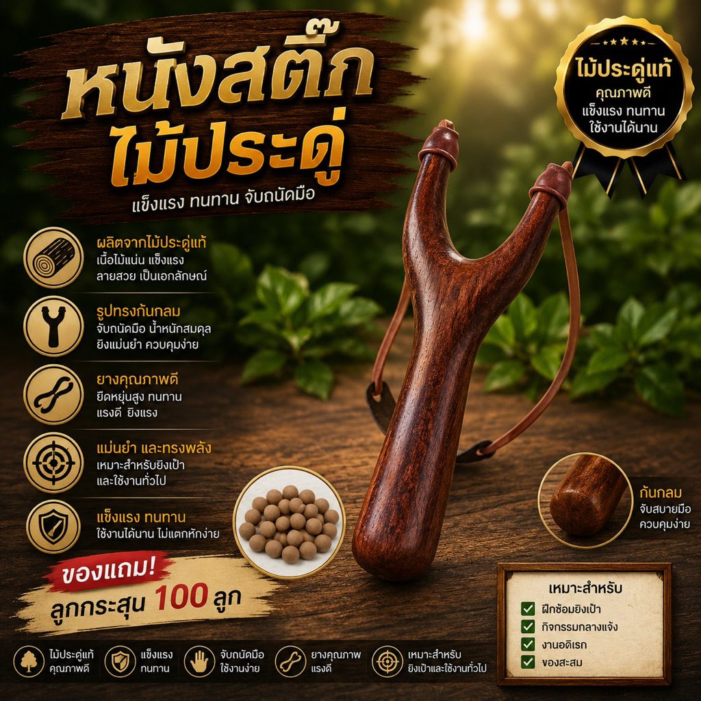 หนังสติ๊ก ไม้ประดู่ ทรงกลม แถมลูกดินประมาณ 100 ลูก