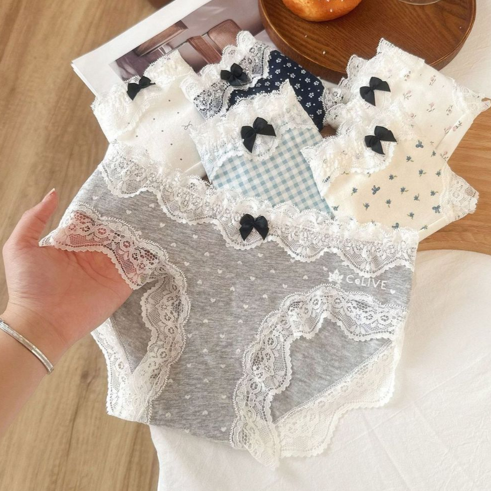 M-2XL🎀กางเกงในผ้าคอตตอน ลูกไม้ตกแต่ง สไตล์หวาน💐 ลายปริ้นต์น่ารัก ยืดหยุ่น กระชับก้น ส่วนกลางยาวกว้าง 6เฉดสี พร้อมส่ง⚡