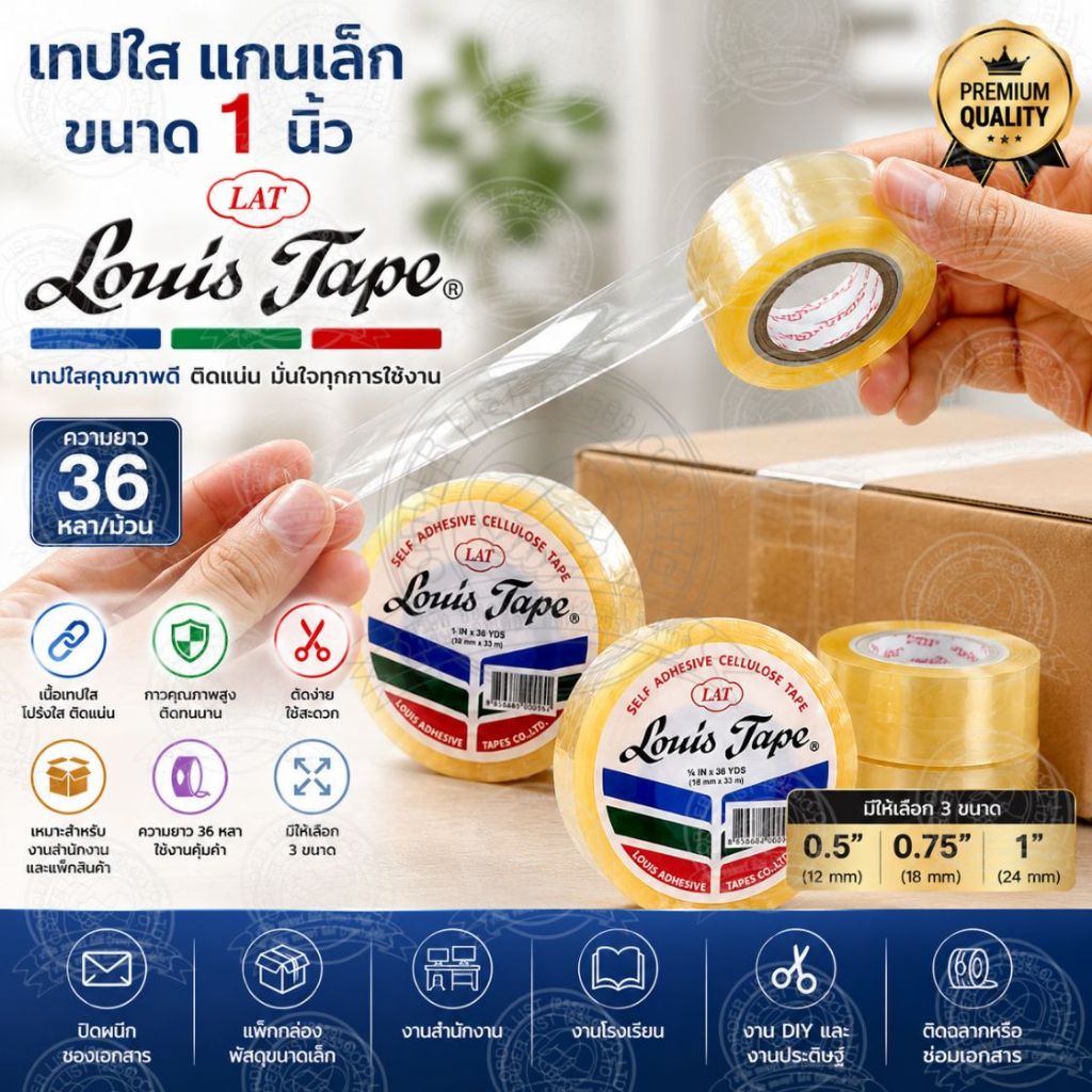 (แกนเล็ก1นิ้ว)เทปใส สก็อตเทปใส Louis Tape แกนเล็กขนาด1 นิ้ว ความยาว 33 เมตร มีให้เลือก 3 ขนาด