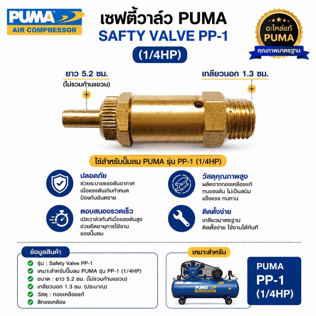 ถูกที่สุด โปโลลม เซฟตี้วาล์ว Safty Valve PP-1 (1/4HP) อะไหล่ปั๊มลม PUMA
