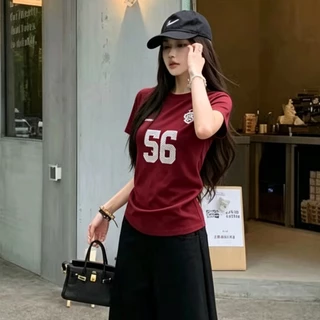 COD พร้อมส่ง เสื้อยืดฤดูร้อนผู้หญิง สีดำรุ่นเบสิค แขนตรงเข้ารูป สไตล์สาวแซ่บอเมริกัน ใส่ได้ทุกลุค