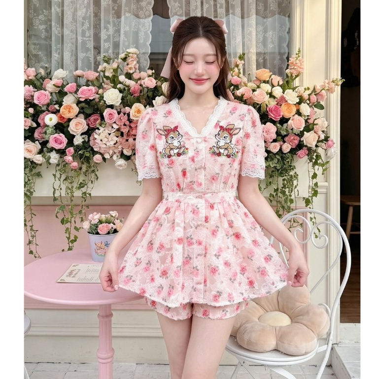 (มี3XL) Maria Diamond สีชมพู Rocky Bunny Set เซ็ต 2 ชิ้น ผ้าคอตตอนสีชมพู เสื้อทรงปิดสะโพกซิปหลัง + กางเกงขาสั้น