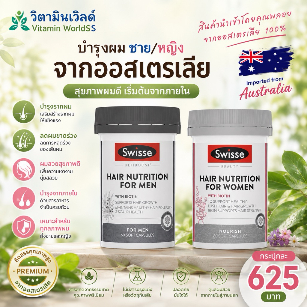 Swisse Hair Nutrition For Men / For Women สารอาหารสำหรับผม ออสเตรเลีย 60 เม็ด