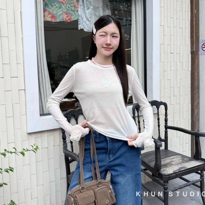 KN.Clothes เสื้อแขนยาว โพกาดอท แต่งดอกไม้ปลายแขน ผ้ายืด ใส่สบาย Khun.Studio รูปที่ 3