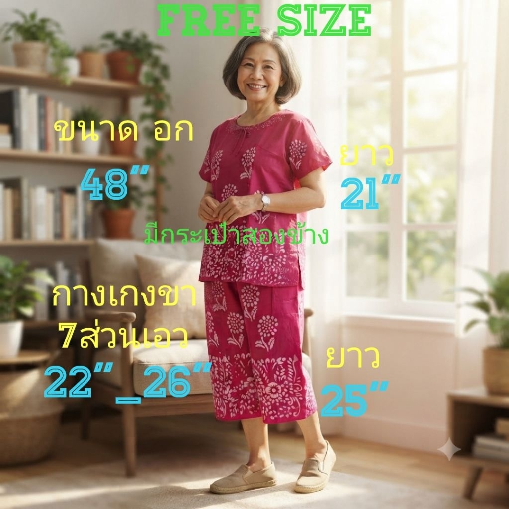 #12a(Size XL)ชุดคนแก่แขนสั้นลายดอก ผ้าcottonมีกระเป๋าสองข้าง ขนาด อก=48"ยาว=21"กางเกงขา7ส่วนเอว=22_26"ยาว=25"