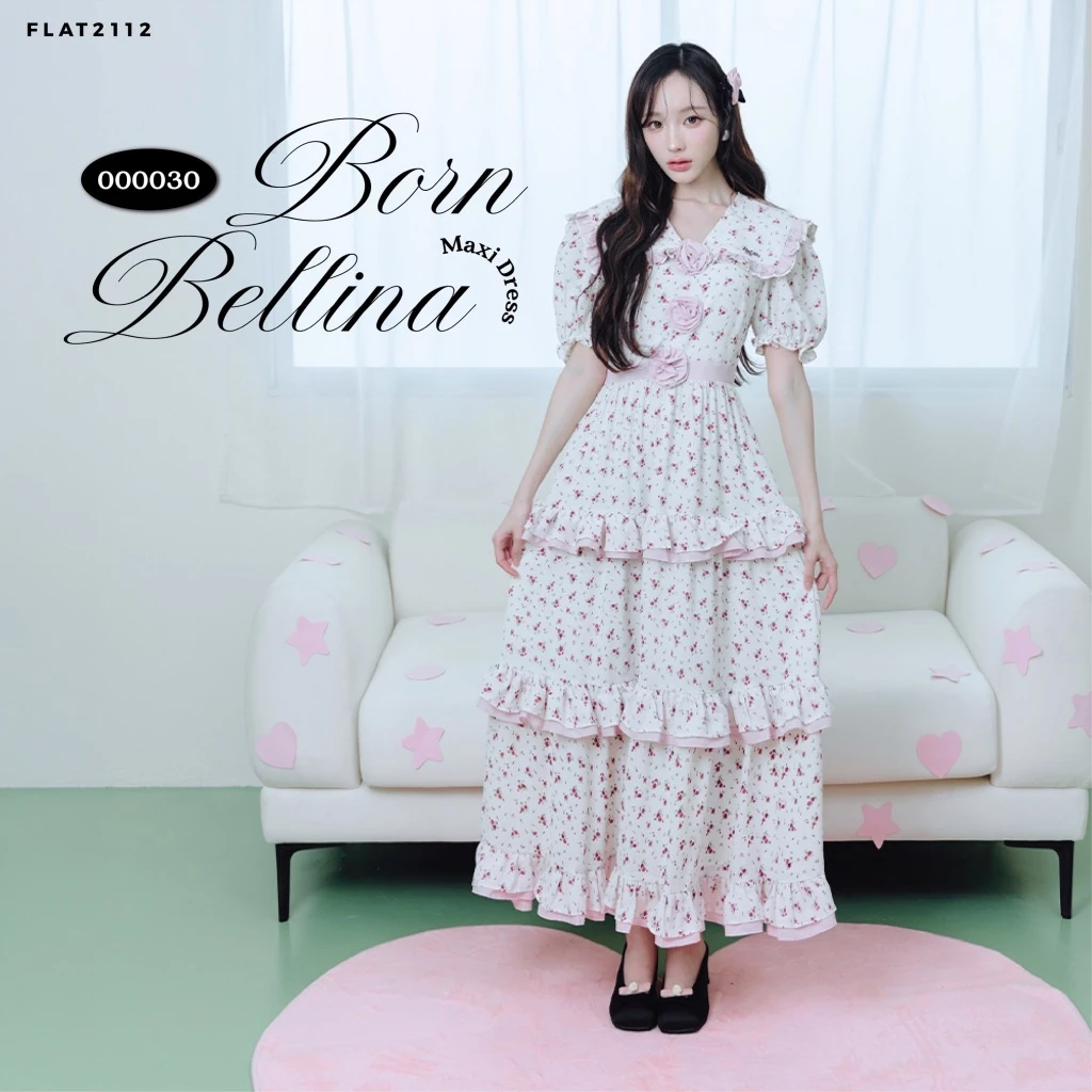 FLAT2112 : BORN BELLINA MAXI DRESS เดรสยาวลายดอก เดรสลูกคุณ เดรสหวาน เดรสเจ้าหญิง เดรสเกาหลี (000030)