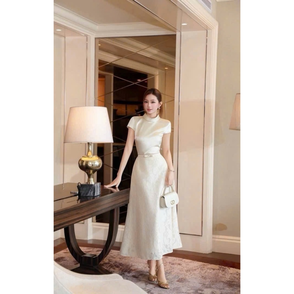 [NITTAYA] V0014 ชุดเซ็ตเสื้อคอเต่าแขนสั้นแต่งโบว์กระโปรงยาวผ้าแจ็คการ์ด เรียบหรูดูแพงผู้ดี ใส่ออกงาน ดินเนอร์ งานแต่ง