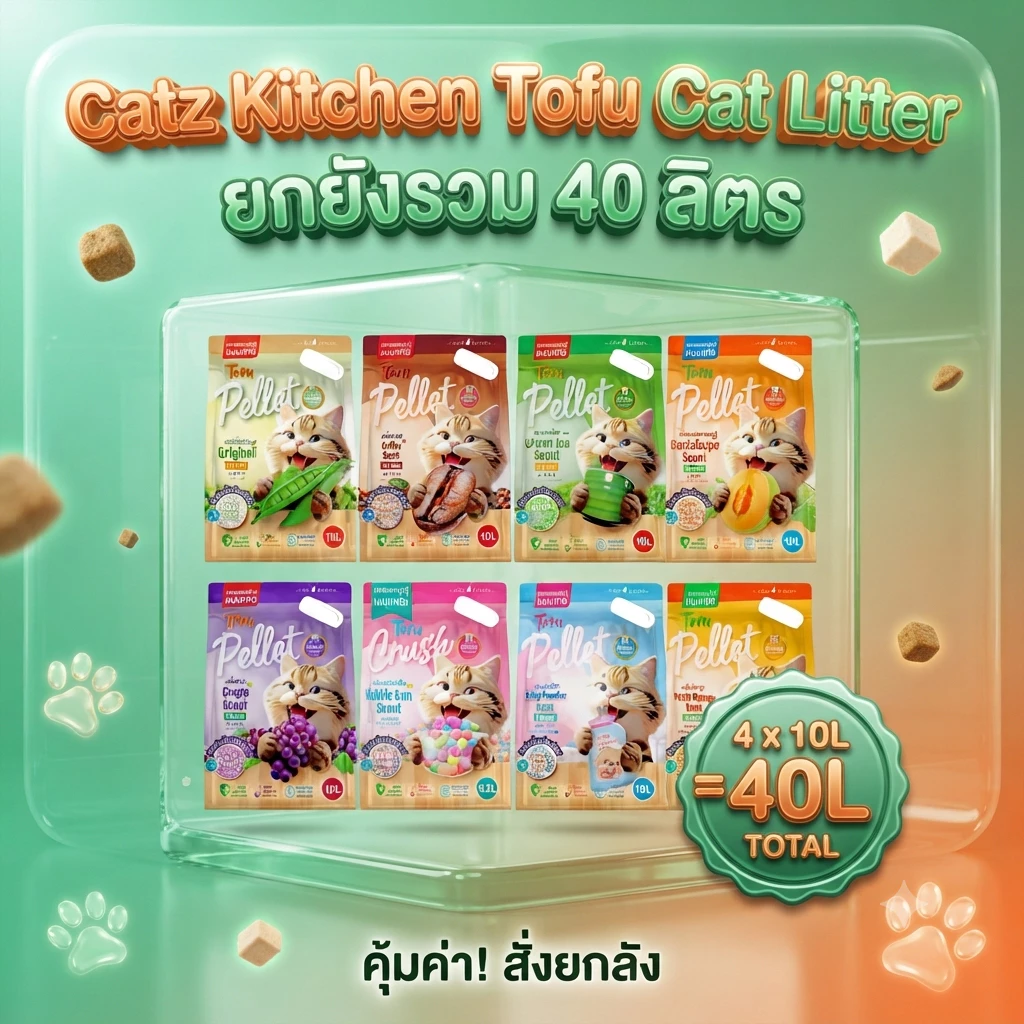 ทรายแมวเต้าหู้ เกรดพรีเมี่ยม 10ลิตร 4ถุง ยกลัง ผลิตจากไฟเบอร์ถั่วลันเตา เก็บกลิ่นได้ดี แท่งเล็กบาง 1.5 มม.จับตัวเป็นก้อน