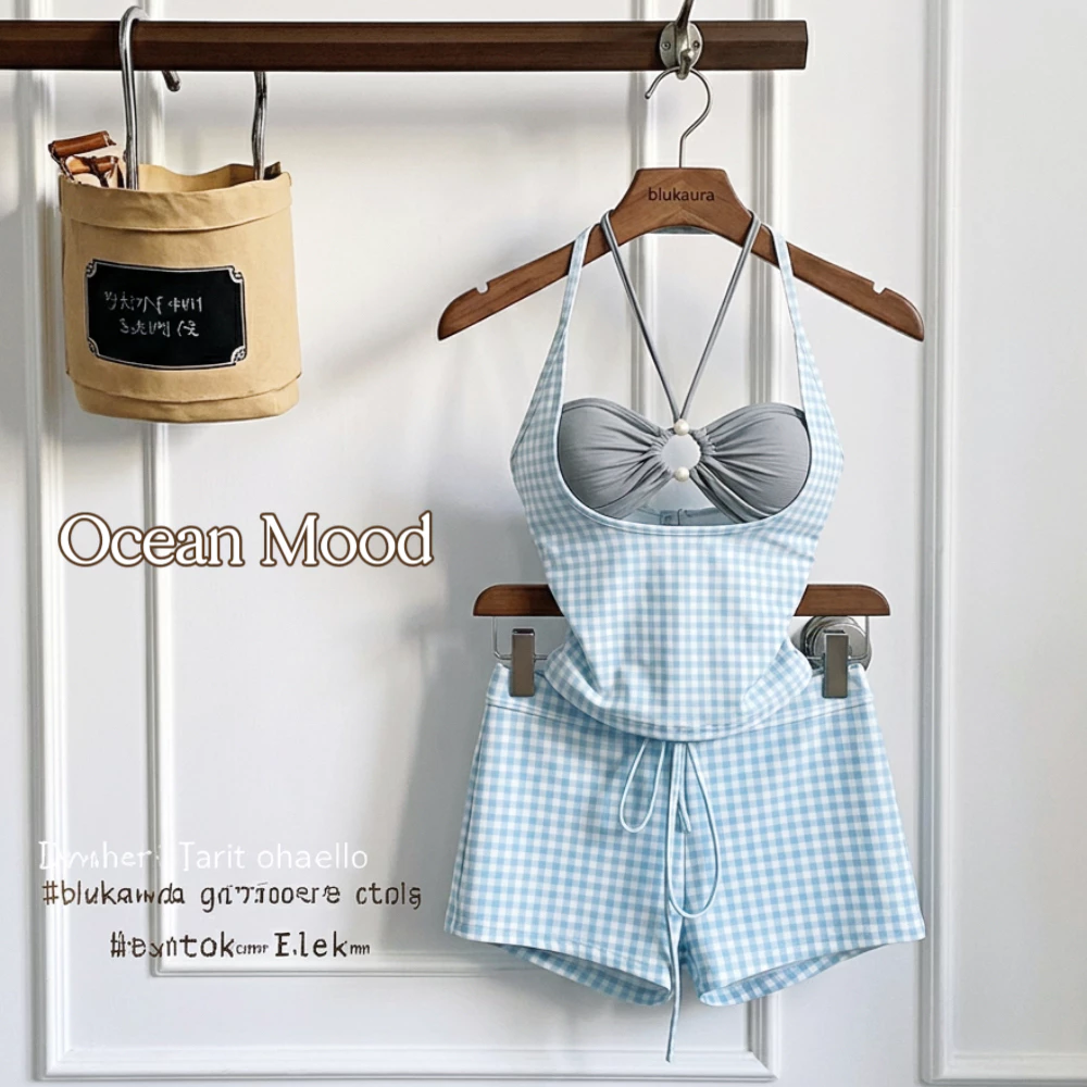 Ocean Mood | บิกินี่ทูพีช แฟชั่นเกาหลี ชุดว่ายน้ำลายสก็อต สีฟ้าพาสเทล เสื้อผูกคอ กางเกงขาสั้น ชุดไปทะเล