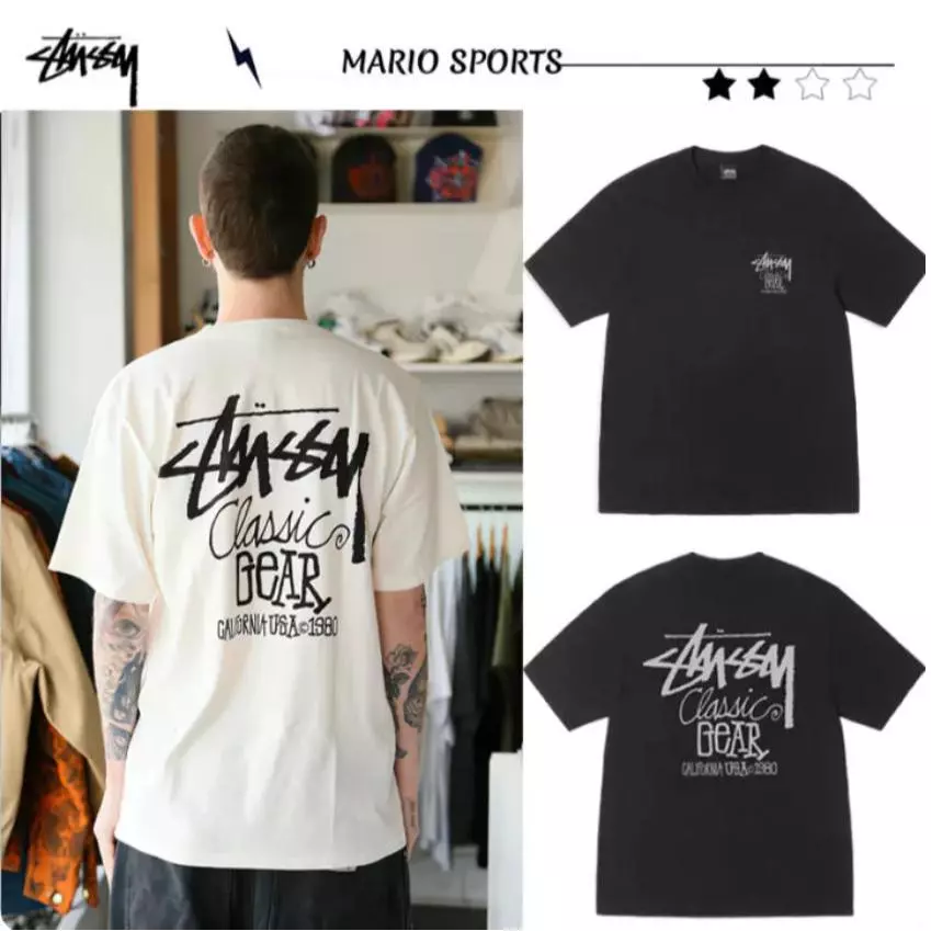 STUSSY CLASSIC GEAR TEE PIGMENT DYED เสื้อยืดแขนสั้นตัวอักษรผู้ชายครึ่งแขนสำหรับผู้ชายและผู้หญิง