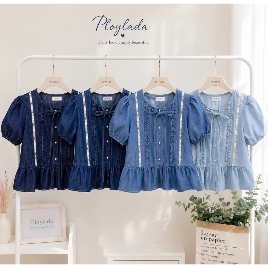 ป้าย Ploylada เสื้อผ้ายีนส์นิ่มแต่งระบาย อก 38 นิ้ว ยาว 21 นิ้ว