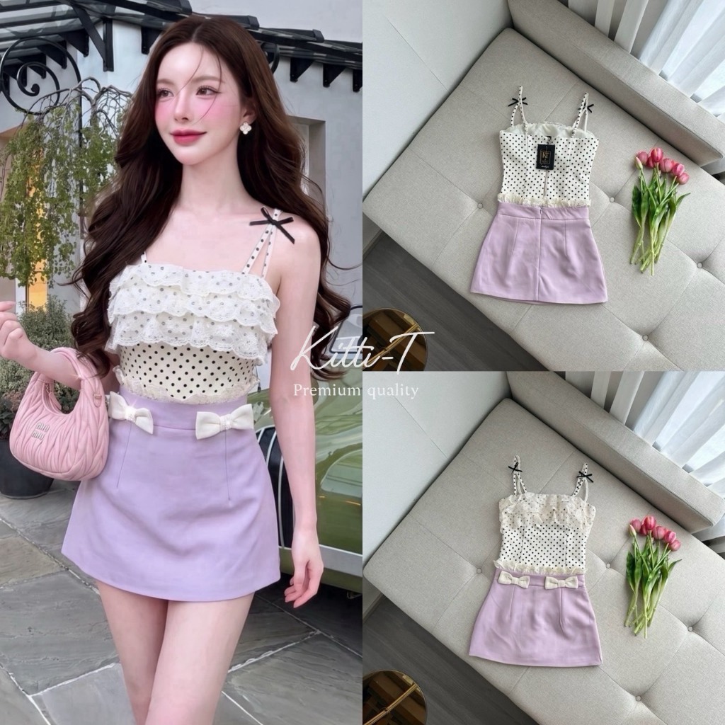 KITTI-T เซ็ตเสื้อสสีขาวลายจุดสีดำ+กระโปรงม่วง KT 1710