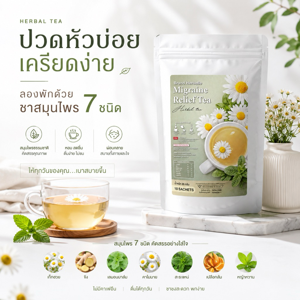 Herbelle ชาไมเกรน Migraine Relief Tea บรรจุ 10 ซอง ลดปวดหัว