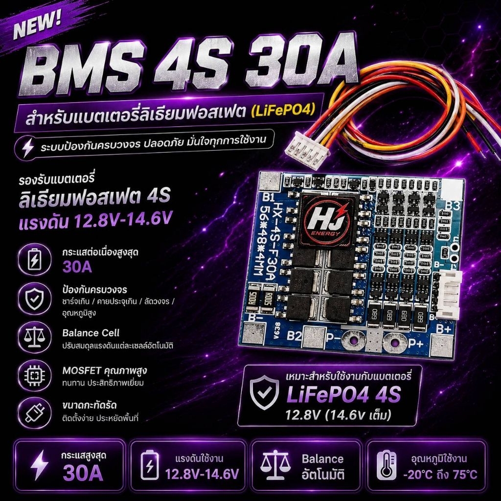 BMS 4S 30Aลิเทียมฟอสเฟตบอร์ดฟ้าของแท้ by เฮียแจ๋วสวนมะลิ