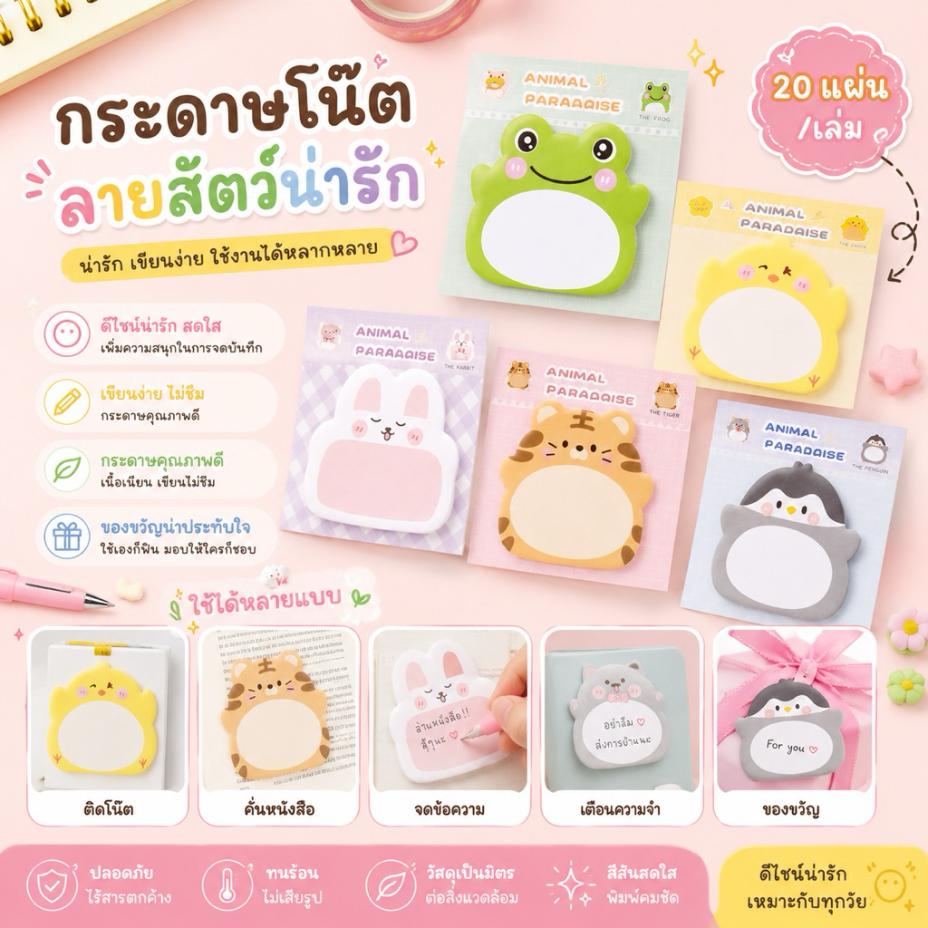 Sticky Notes – กระดาษโน๊ตลายสัตว์ตั้งได้ | โน้ตเตือนความจำสุดน่ารัก สำหรับเรียน & ออฟฟิศ