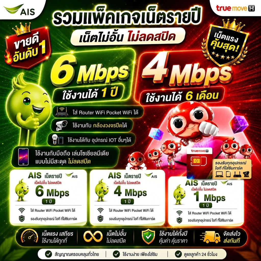 ซิมเทพ รายปี AIS True เหมาจ่ายครั้งเดียวจบ เน็ตไม่อั้น  ไม่ลดสปีด ไม่จำกัดปริมาณการใช้งาน