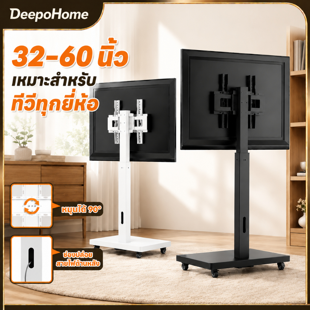 Mobile TV Stand สีขาว สำหรับทีวี 32-65 นิ้ว ปรับระดับสูงต่ำได้ ฐานกว้าง เคลื่อนย้ายสะดวก เหมาะกับออฟฟิศ