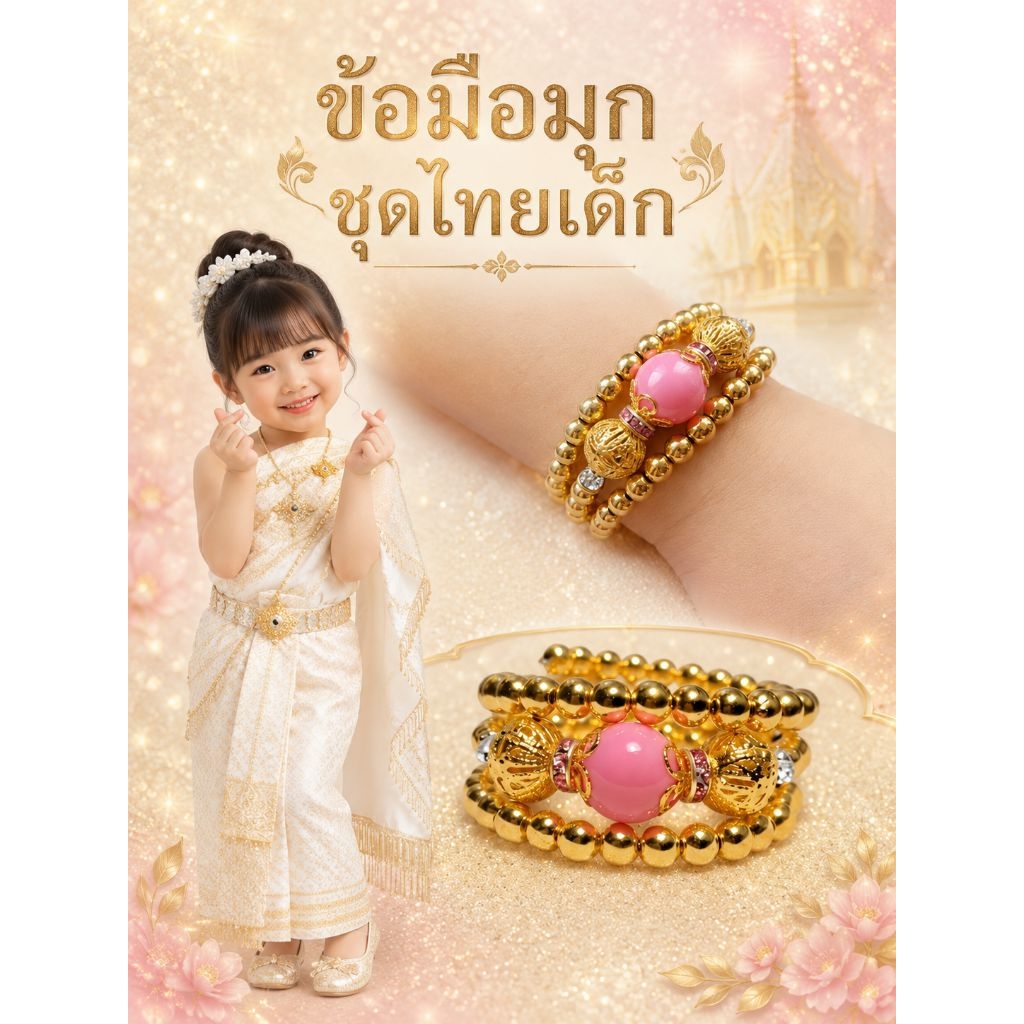 ราคาต่อข้างข้อมือมุกชุดไทยเด็ก3แถวเครื่องประดับมุกชุดไทยเด รูปที่ 3