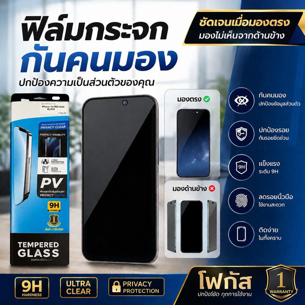 ฟิล์มกระจกกันมอง Privacy Focus สำหรับไอโฟน ทุกรุ่น