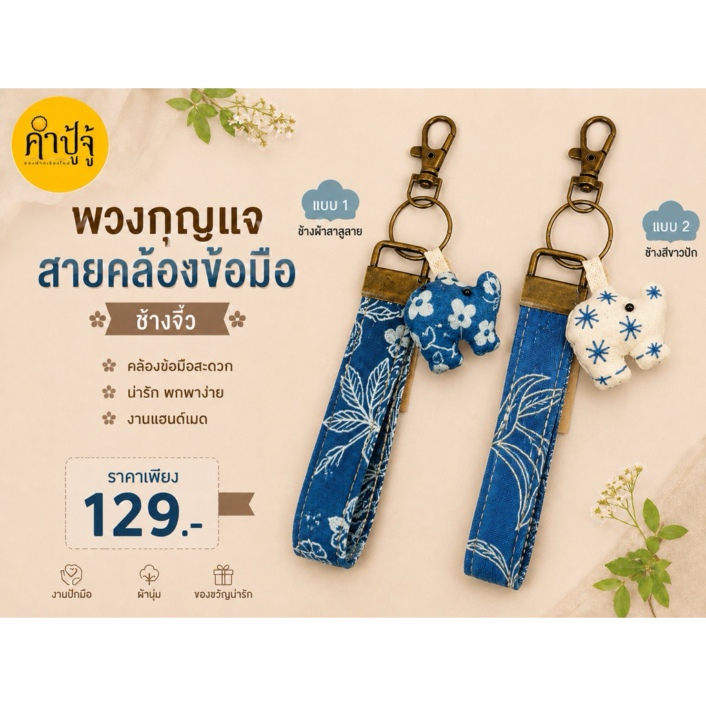 พวงกุญแจสายคล้องข้อมือห้อยช้างจิ๋วสีขาวปัก/ผ้าสาลูลาย
