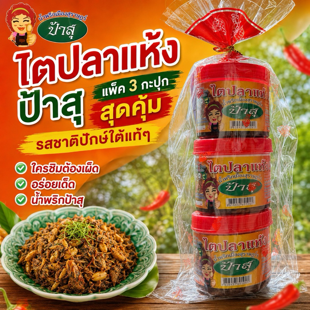 ไตปลาแห้ง ป้าสุ แพ็ค 3 กะปุก สุดคุ้ม รสชาติปักษ์ใต้แท้ๆ ส่งตรงจาก จ.สุราษฎร์ธานี ไตปลาแห้งใต้ ส่งเร็วทันใจ ราคาไม่แพง