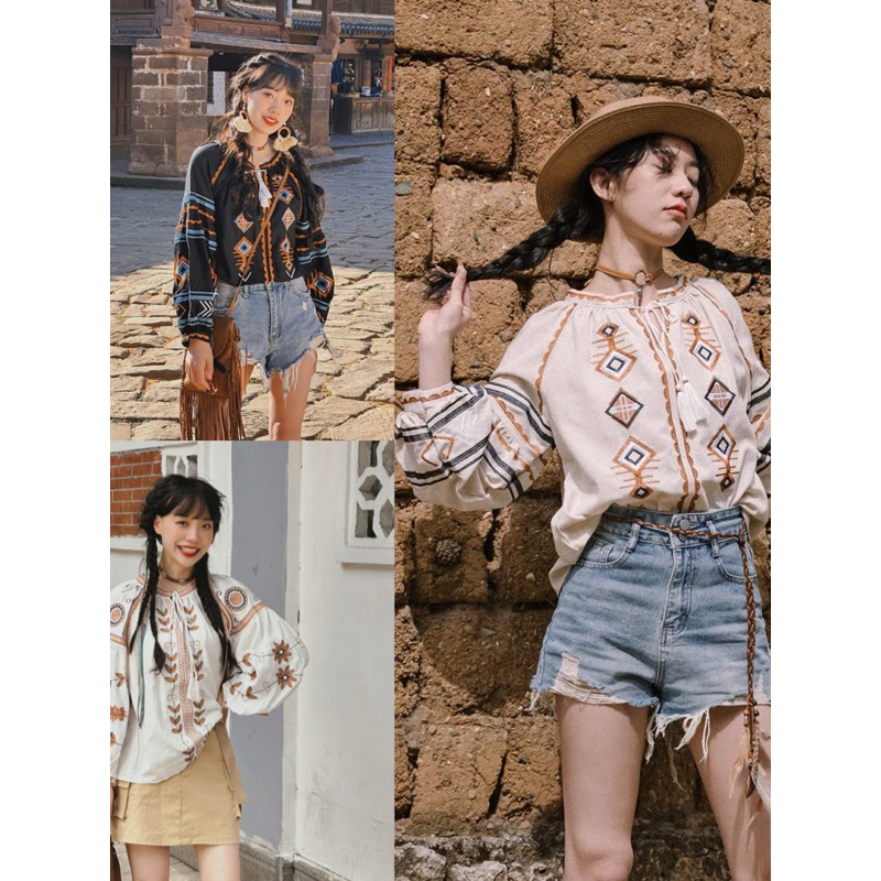 [พร้อมส่ง] เสื้อปักลายโบฮีเมียน  เสื้อพื้นเมืองปักลูกไม้ เสื้อโบฮีเมียนผู้หญิง