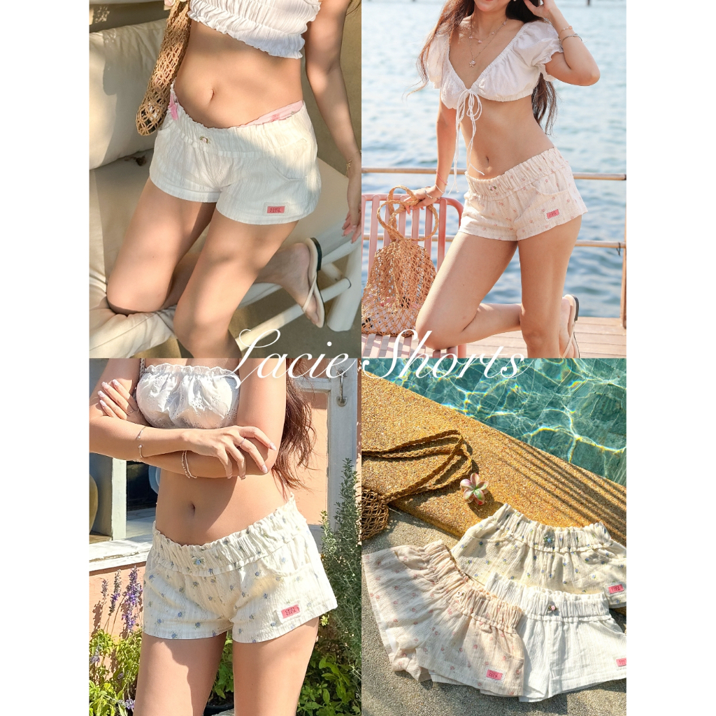 [พร้อมส่ง] - COZY CLUB.- LACIE SHORTS กางเกงขาสั้นผ้าคอตตอนลูกไม้ เอวยางยืด สไตล์สาวเวียด