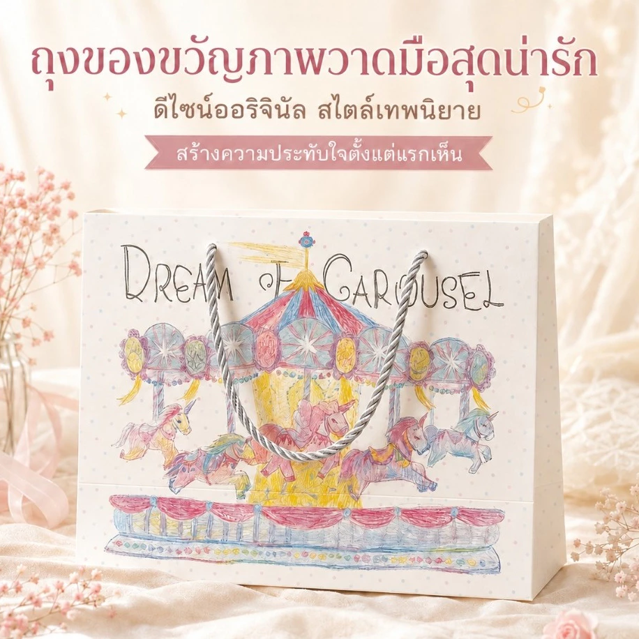 ถุงของขวัญวันเกิดลายม้าหมุนวาดมือ 4ขนาด กระดาษหนาพิเศษ หูเชือกเกลียวแข็งแรง แฟนตาซีพรีเมียม ใส่ของขวัญ ของชำร่วย