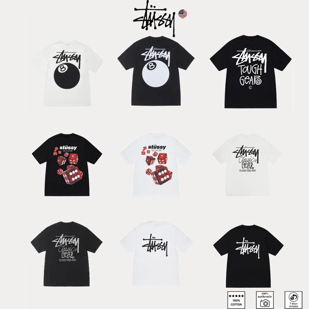 OUTLETS 🇺🇸 Stussy แท้ T-shirt Fuzzy Dice SS Tee US พร้อมส่ง Lady Oversize สไตล์คู่รัก