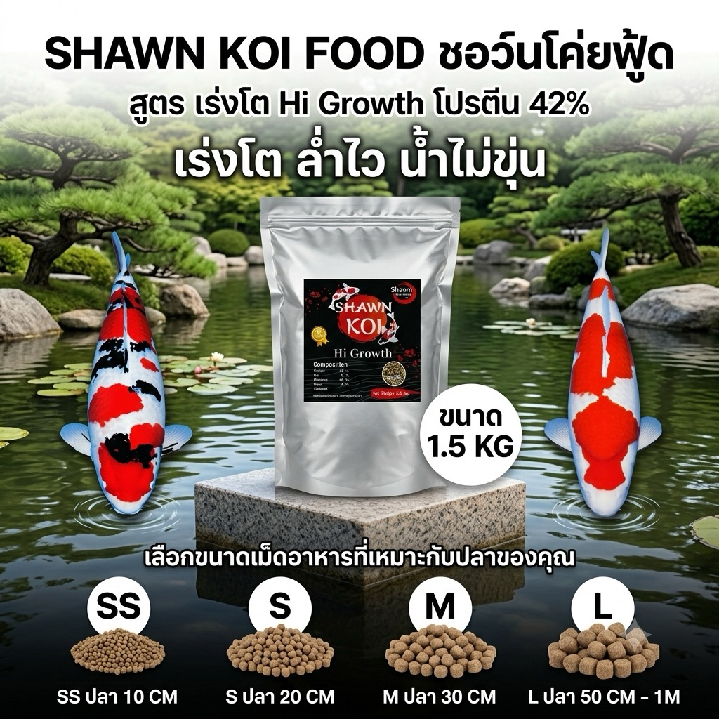 อาหารปลาคาร์ป น้ำไม่ขุ่น สูตรล่ำไว 1.5kg-3kg-5kg สูตรโปรตีนสูง 42% เร่งโต