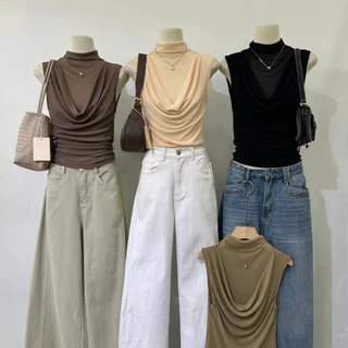 M2251 เสื้อคอถ่วงดีเทลจับจีบหน้า รุ่นนี้ต้องมีติดตู้ อัปลุคให้ดูเป็นสาวเทสดีได้ง่ายๆ ด้วยเสื้อแขนกุดคอถ่วง (Cowl Neck)