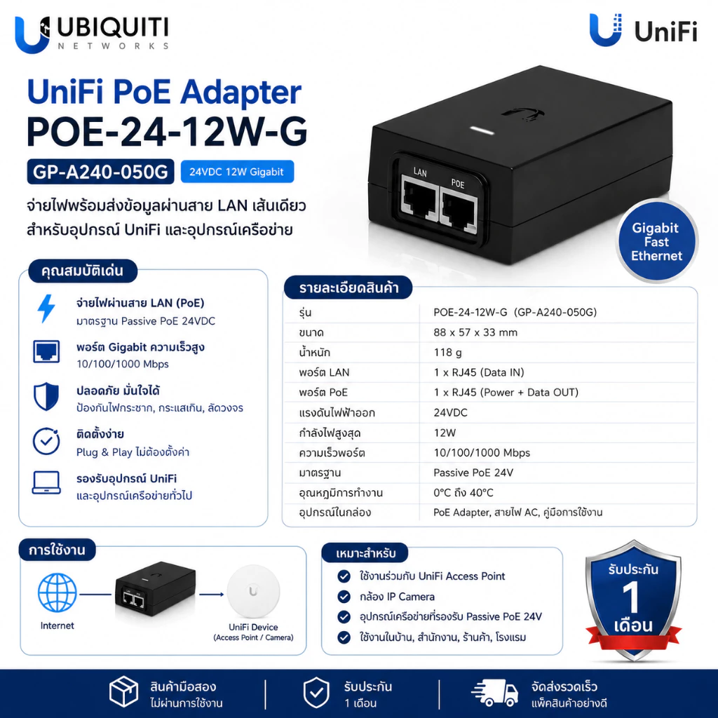 Ubiquiti POE-24-12W-G GP-A240-050G PoE Injector 24V 0.5A 12W Gigabit Passive PoE