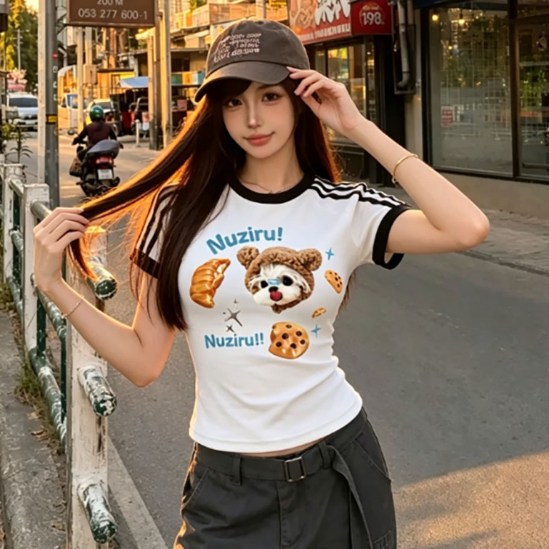 【COD】 เสื้อยืดเข้ารูป เสื้อพิมพ์ลาย สไตล์ย้อนยุคแบบอเมริกัน แขนสั้นคอกลม ใส่สบายดูผอม