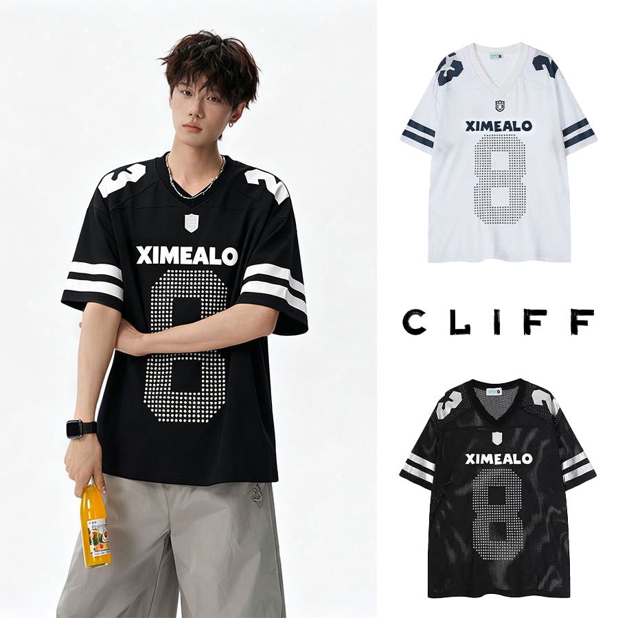 CLIFFเสื้อแขนสั้นวีคอผ้าตาข่ายระบายเหงื่อ ทรงunisex หลวมใหญ่ ดีไซน์อเมริกันย้อนยุค ลายตัวเลขประดับคริสตัล ใส่เล่นกีฬา/แต