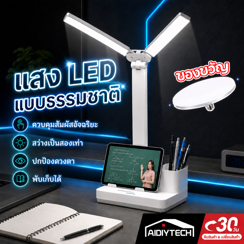 AIDIY โคมไฟตั้งโต๊ะ LED สองหัว โคมไฟอ่านหนังสือ ถนอมสายตา พับได้ ชาร์จไฟ อเนกประสงค์ มีที่วางมือถือและปากกา ส่งด่วน