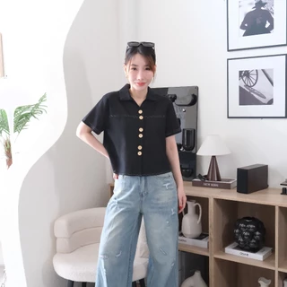 Lawyer Store | [921982] เสื้อคอปกแขนสั้น กระดุมคู่ แต่งตะเข็บ ผ้าฝ้ายลินิน ใส่สบาย เสื้อผู้หยิง เสื้อแขนสั้น เสื้อเชิ๊ต
