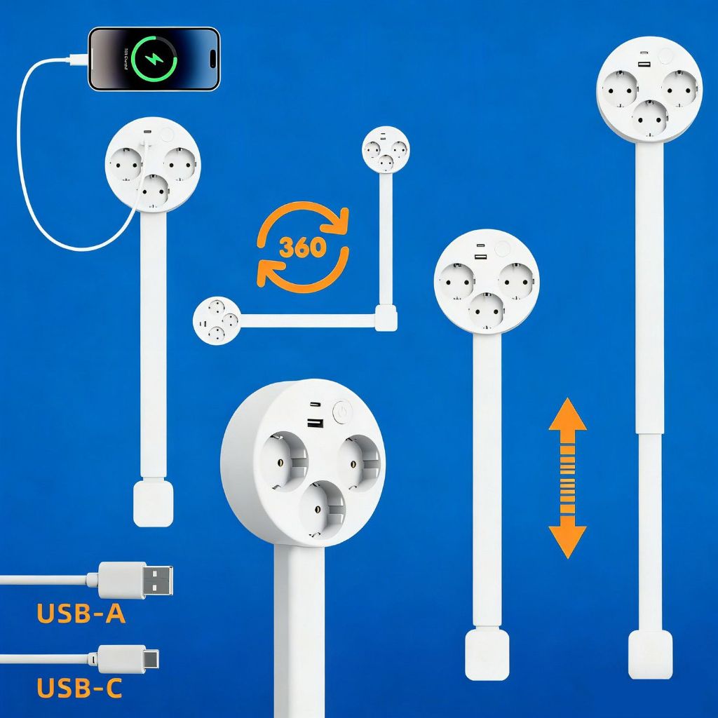 เต้าปลั๊กไฟ ขยาย รับไฟฟ้า/รางปลั๊กพ่วง USB A และ C ปลั๊กแบบปรั บได้อะแดปเตอร์ปลั๊กไฟสําหรับพื้น โต๊ะสำนักงาน หลังโซฟา ปล