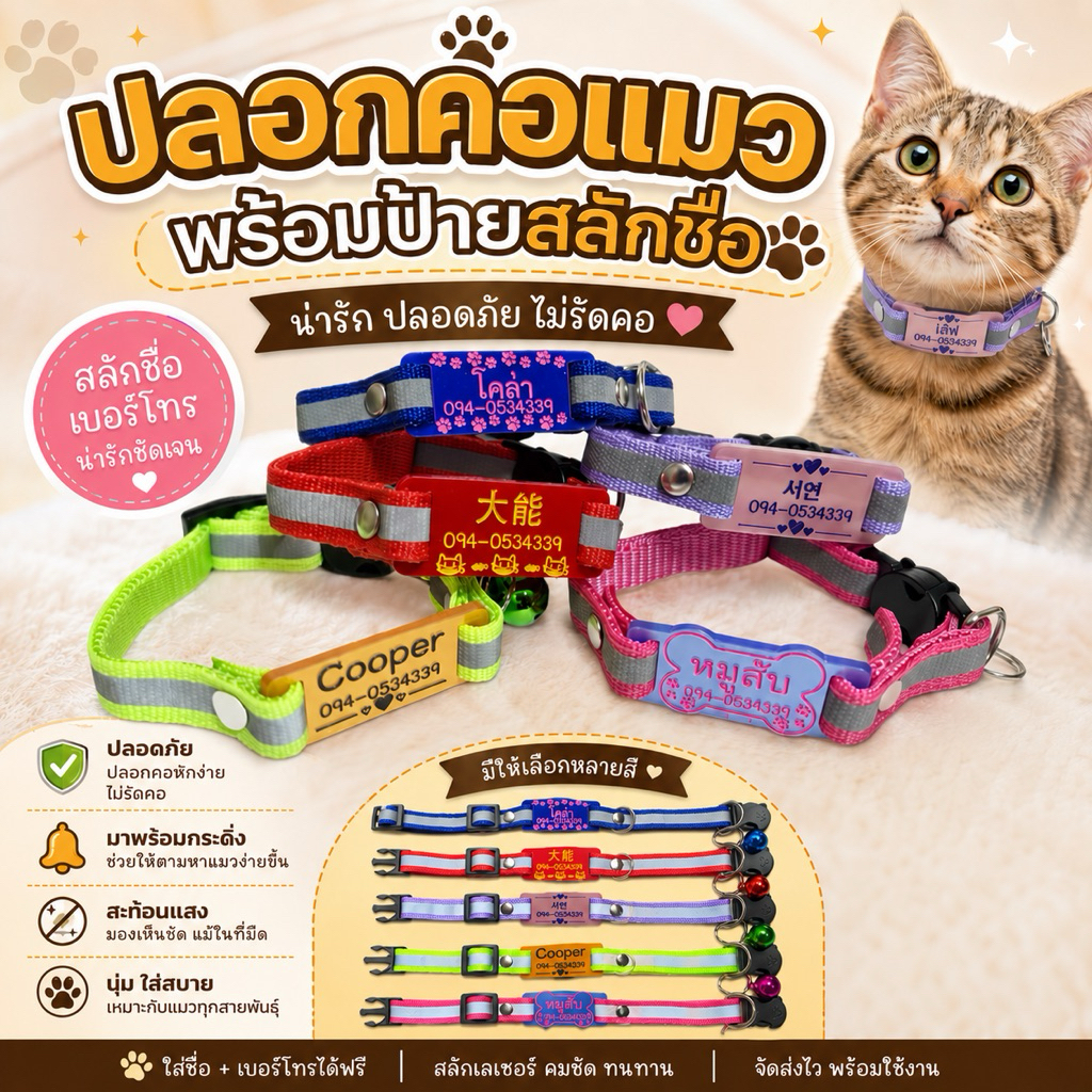 ปลอกคอแมวสะท้อนแสง พร้อมป้ายสลักชื่อและเบอร์โทร ติดต่อเจ้าของได้ ปลอดภัยสำหรับน้องแมว