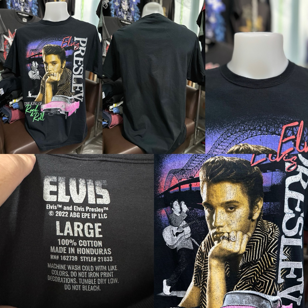 เสื้อยืดวินเทจ สีดำ ลายนักร้อง Elvis Presley ตอกปี 2022 (ไซส์L)