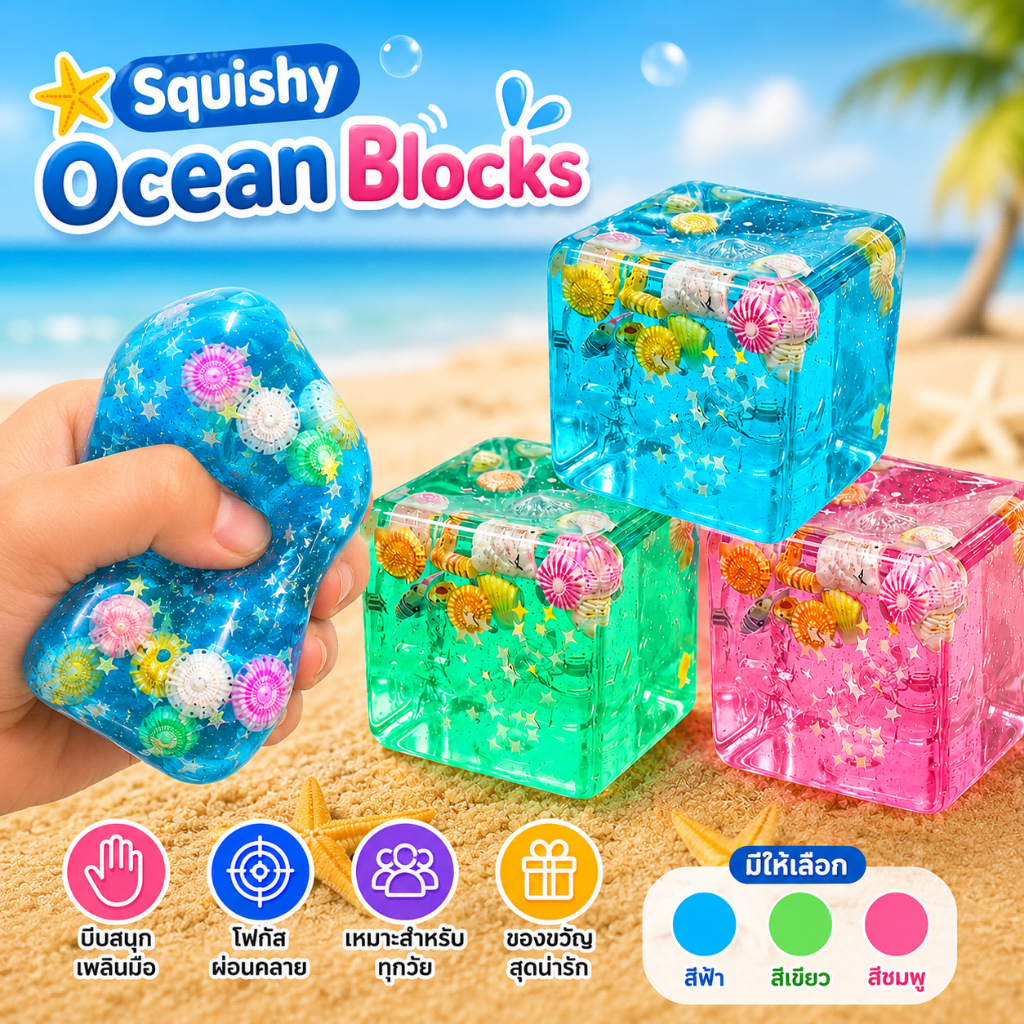 ส่งไว Squishy Ocean Blocks 5.5ซม ความเครียด Balls ของเล่นบีบคลายเครียด ทำจากมอลโตส นุ่มหนึบคืนตัวช้า