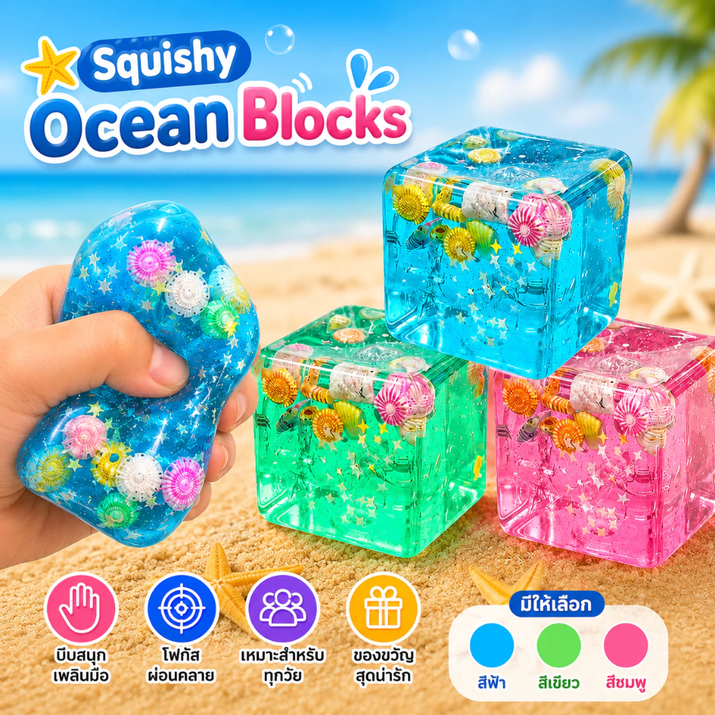 🐚ส่งไว🐚Squishy Ocean Blocks 5.5ซม ความเครียด Balls ของเล่นบีบคลายเครียด ทำจากมอลโตส นุ่มหนึบคืนตัวช้า