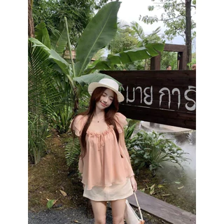 เสื้อแขนระบายผ้าพริ้วทรงปล่อยใส่สบาย