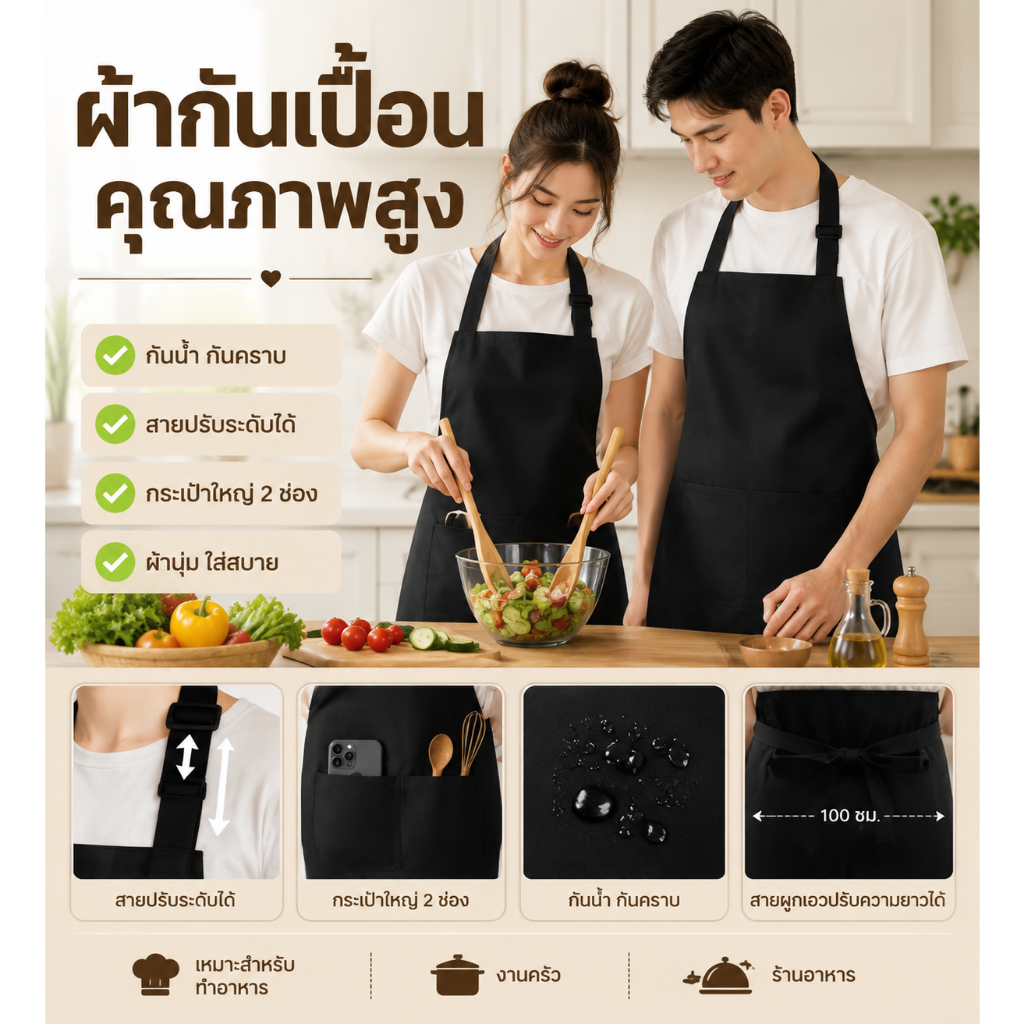 ผ้ากันเปื้อนคุณภาพสูง สำหรับทำอาหาร กันน้ำ กันคราบ สายคล้องคอปรับระดับได้ กระเป๋าใหญ่ 2 ช่อง ผ้านุ่ม ใส่สบาย ทนทาน