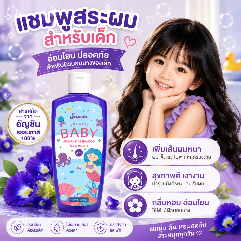 แชมพูเด็กซันโซ 1ขวด ผลิตภัณฑ์สระผมและอาบน้ำ อ่อนโยนต่อผิว อ่อนละมุน ให้ความชุ่มชื้น ออแกนิค ส่งฟรี